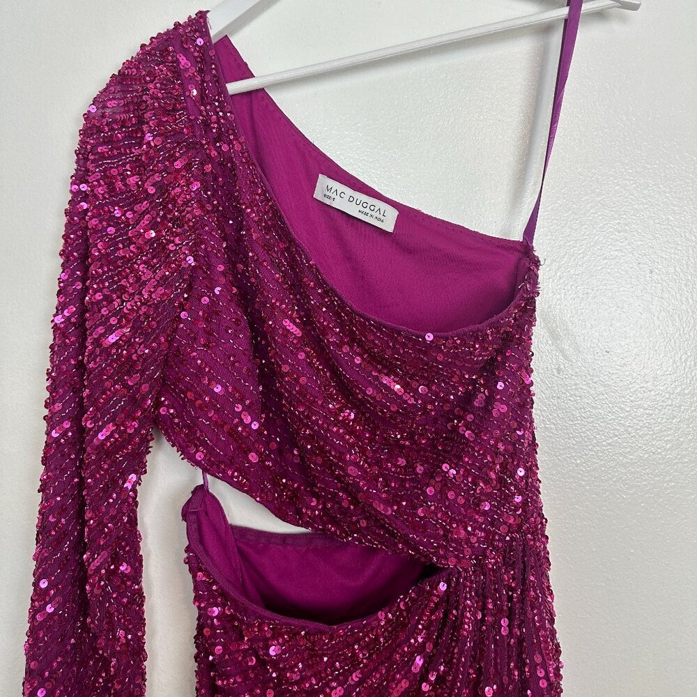 MAC DUGGAL Beaded One Sleeve Dress in Fuchsia Size US 6 - Picture 4 of 11